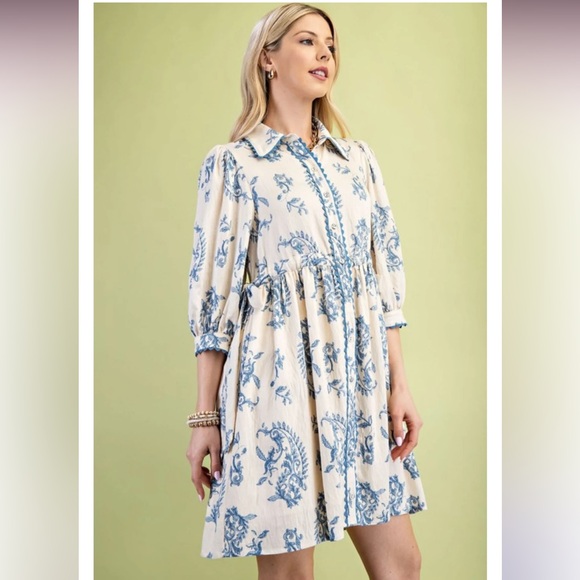 GiGiO Blue White Floral Dress Adjustable Tie Waist Boho Cottagecore Medium NWT - Picture 4 of 17